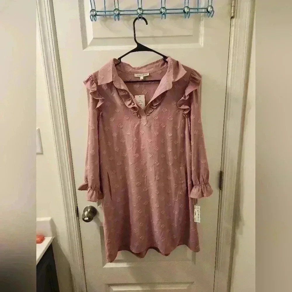 Joy Joy Pink Textured Dress NWT Size‎ L V Neck Long Sleeve Ruffles #V507